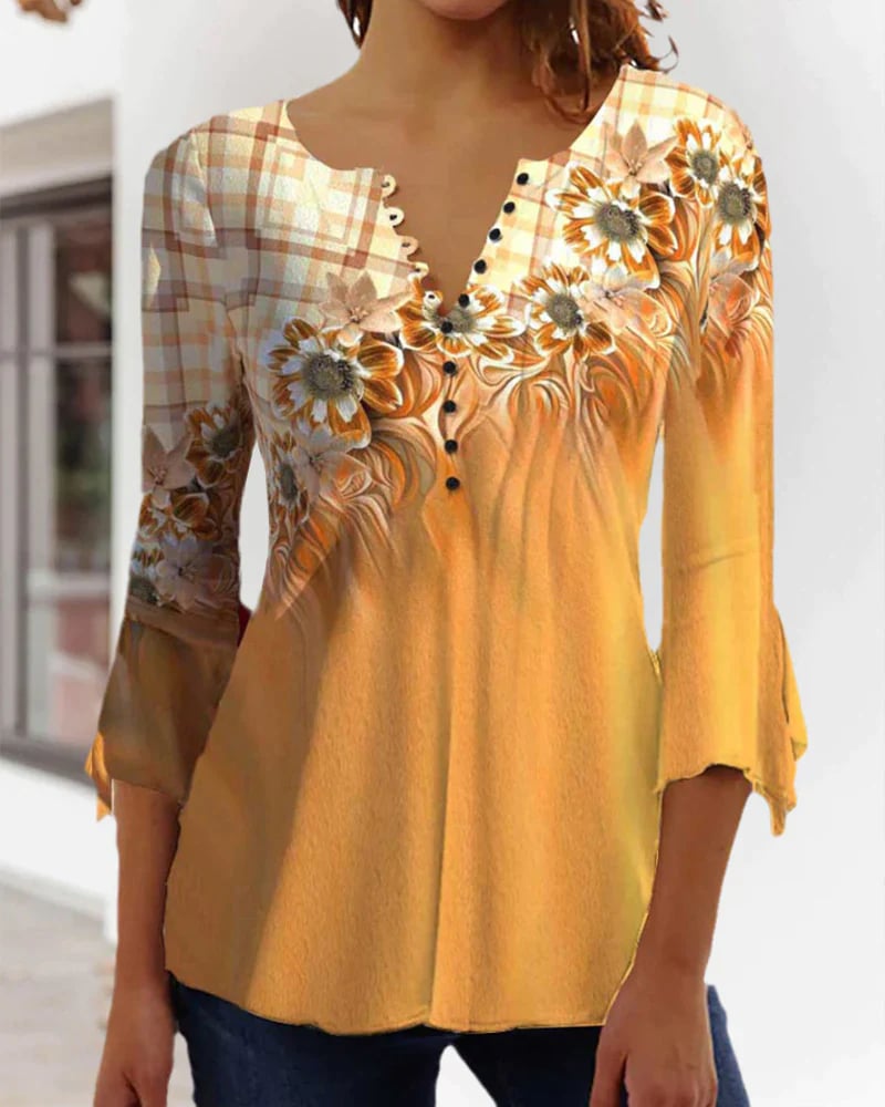 3/4-sleeve floral print top