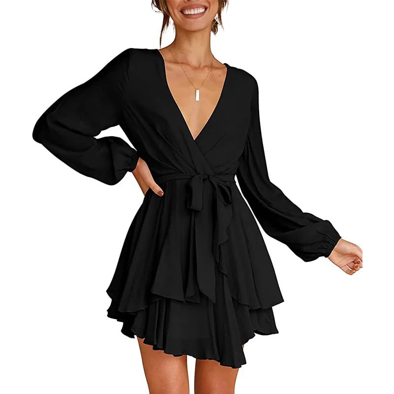 š„V-Neck Waist Tie Ruffle Mini Swing Skater Dressesā¤ļø
