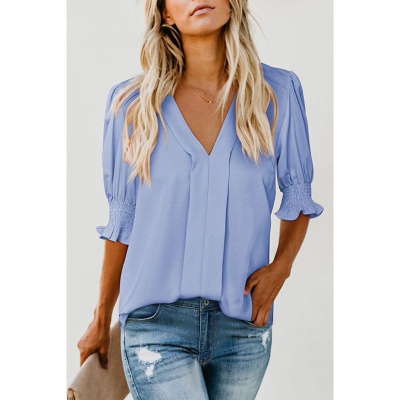 🔥WOMEN'S V NECK DRESSY PUFF RUFFLE BLOUSE CASUAL SHORT SLEEVE TOPS