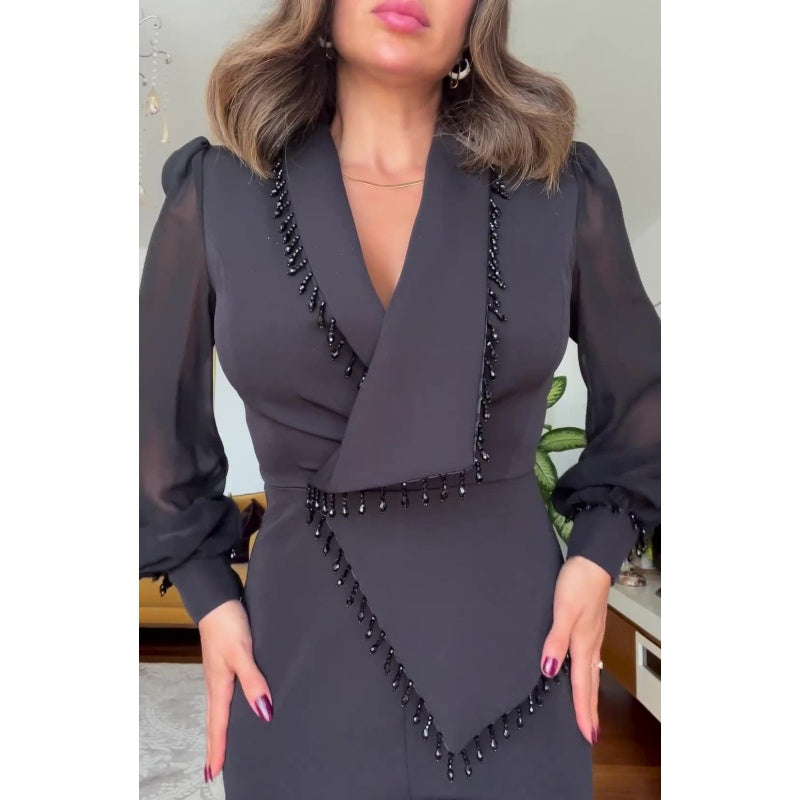 Elegant Black Beaded Wide-Leg Jumpsuit