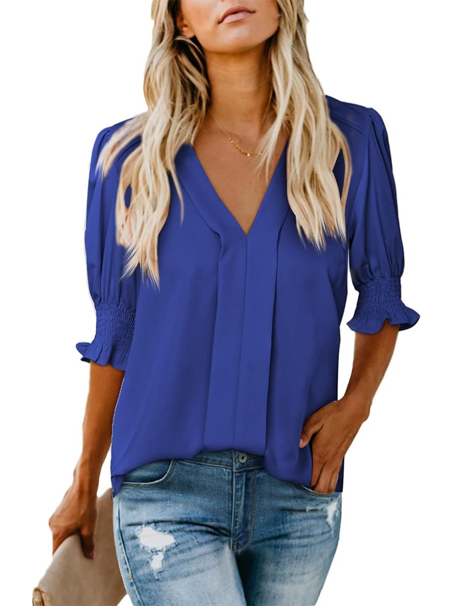 🔥WOMEN'S V NECK DRESSY PUFF RUFFLE BLOUSE CASUAL SHORT SLEEVE TOPS