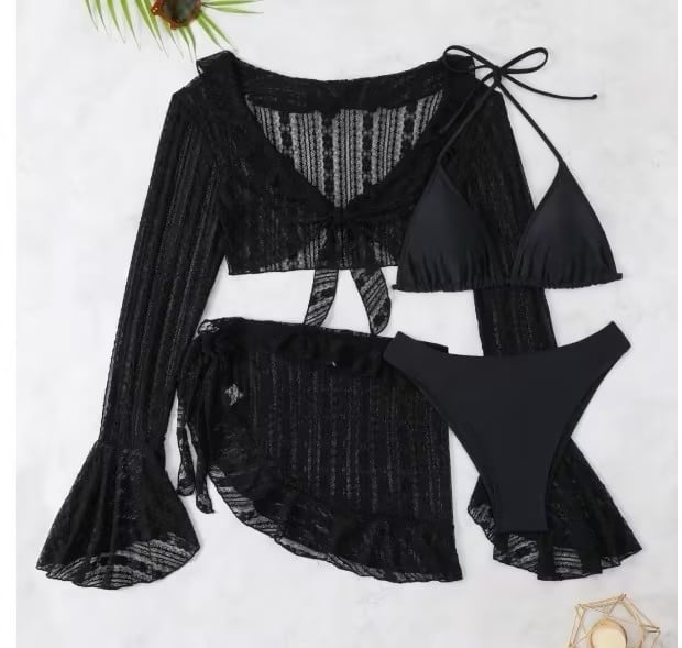🔥👙Long-sleeved blouse, beach skirt, bikini set, four-piece set