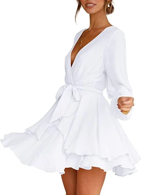 š„V-Neck Waist Tie Ruffle Mini Swing Skater Dressesā¤ļø