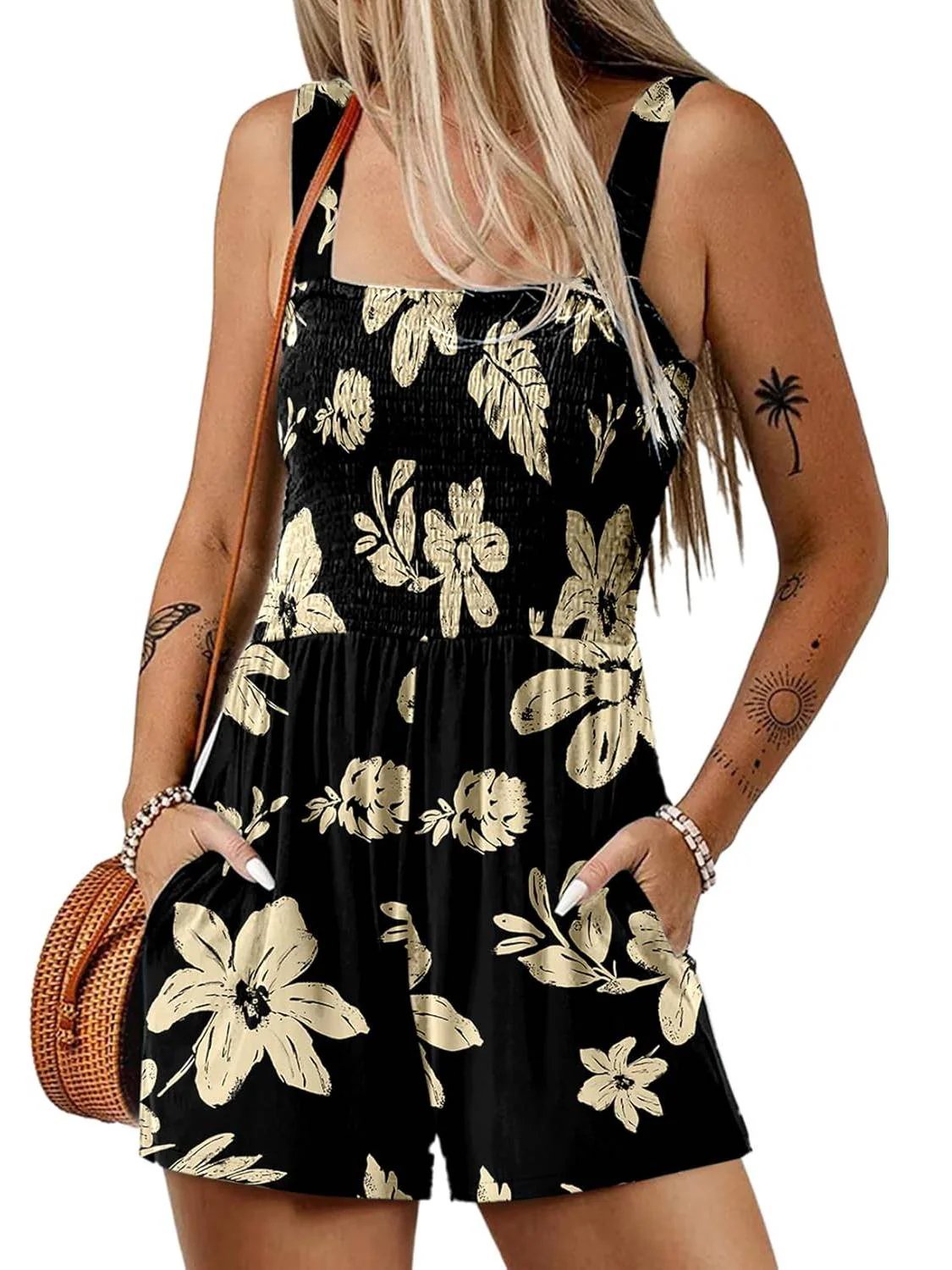 💃Women's Summer Square Neck Sleeveless Loose Casual Short Smocked Romper
