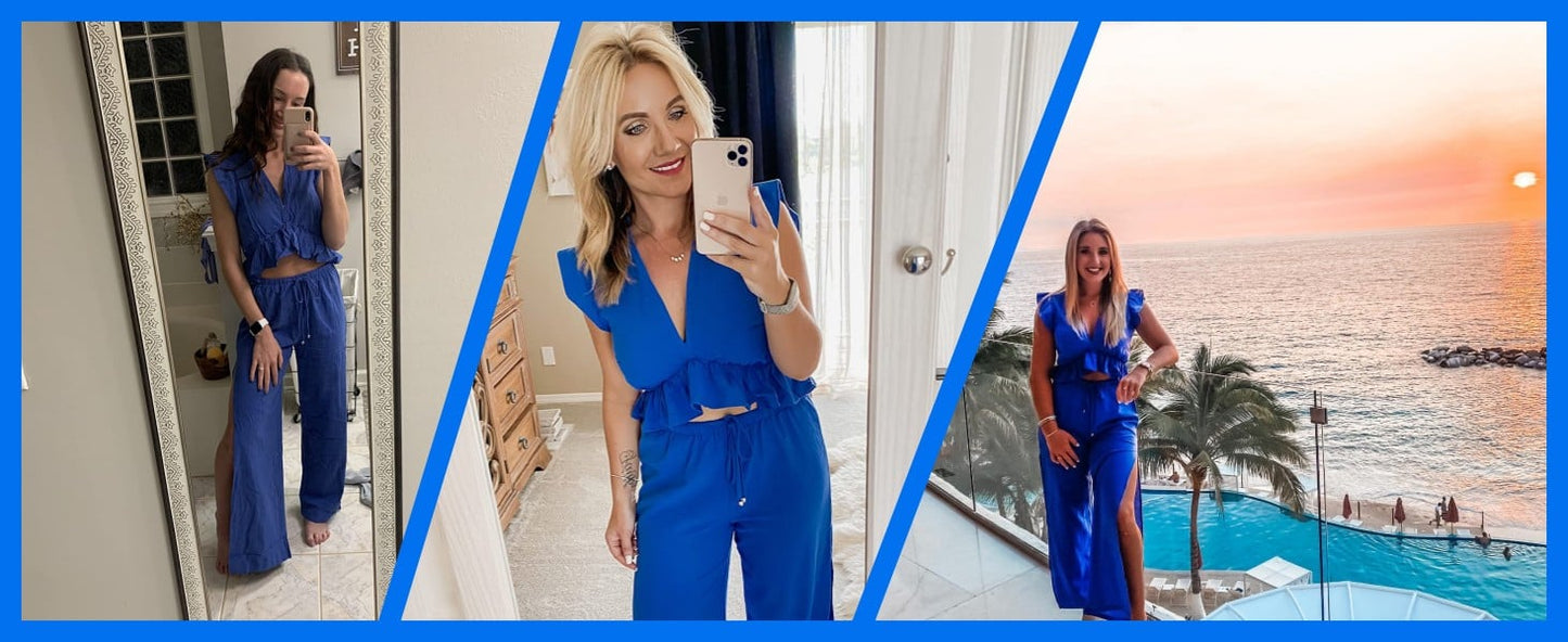 🔥Womens 2 Pieces Outfits Deep V Neck  Side Slit  Wide Leg Pants Set