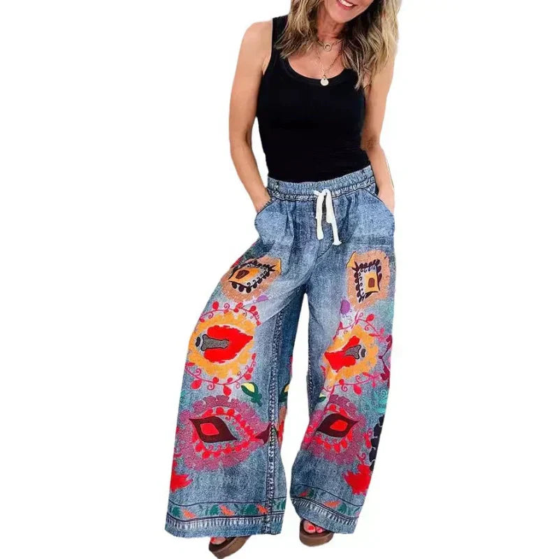 🔥Women's Drawstring Faux Denim Casual Pants