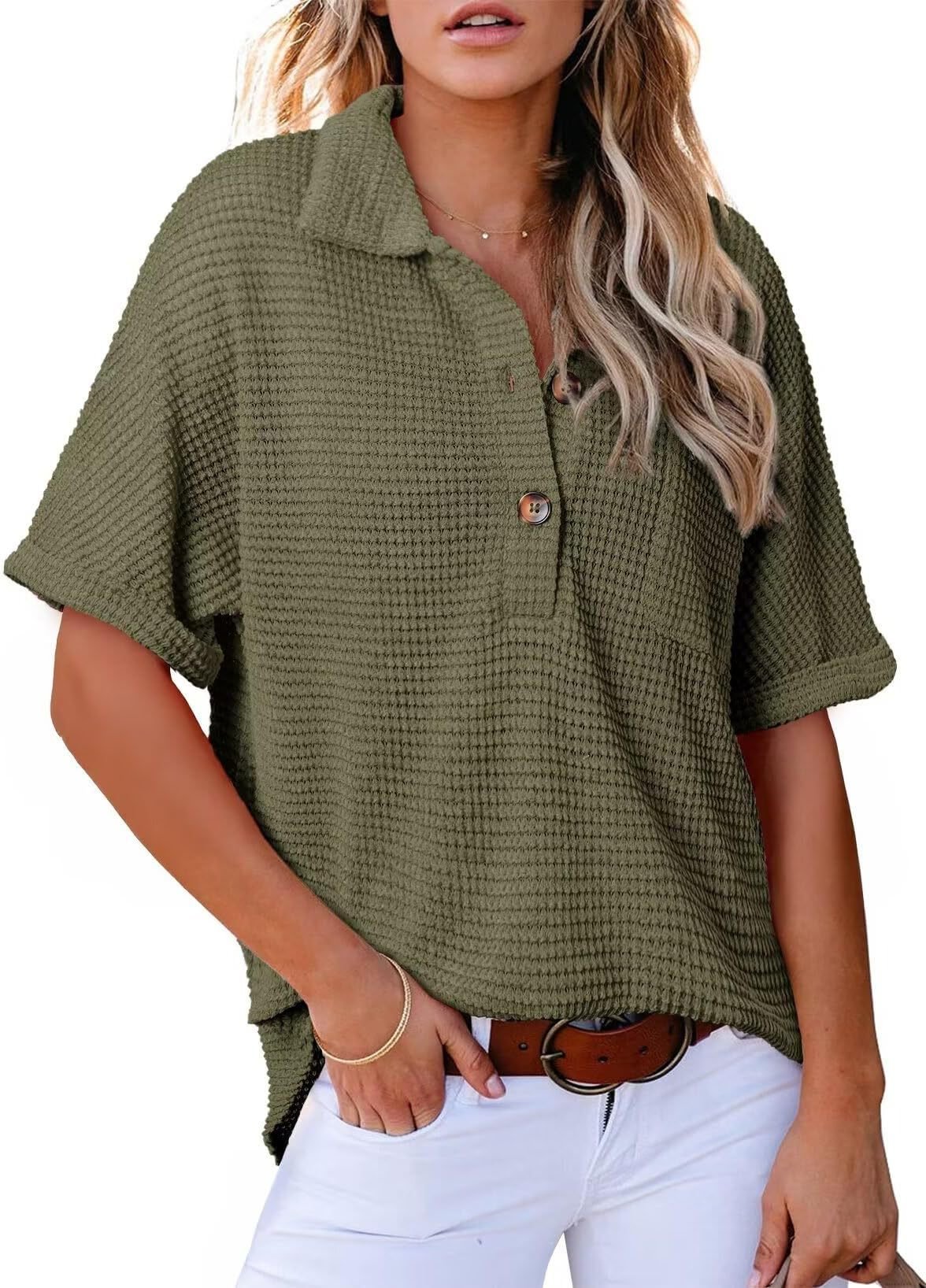 🔥WOMEN'S WAFFLE KNIT SHORT SLEEVE TUNIC HENLEY TOP