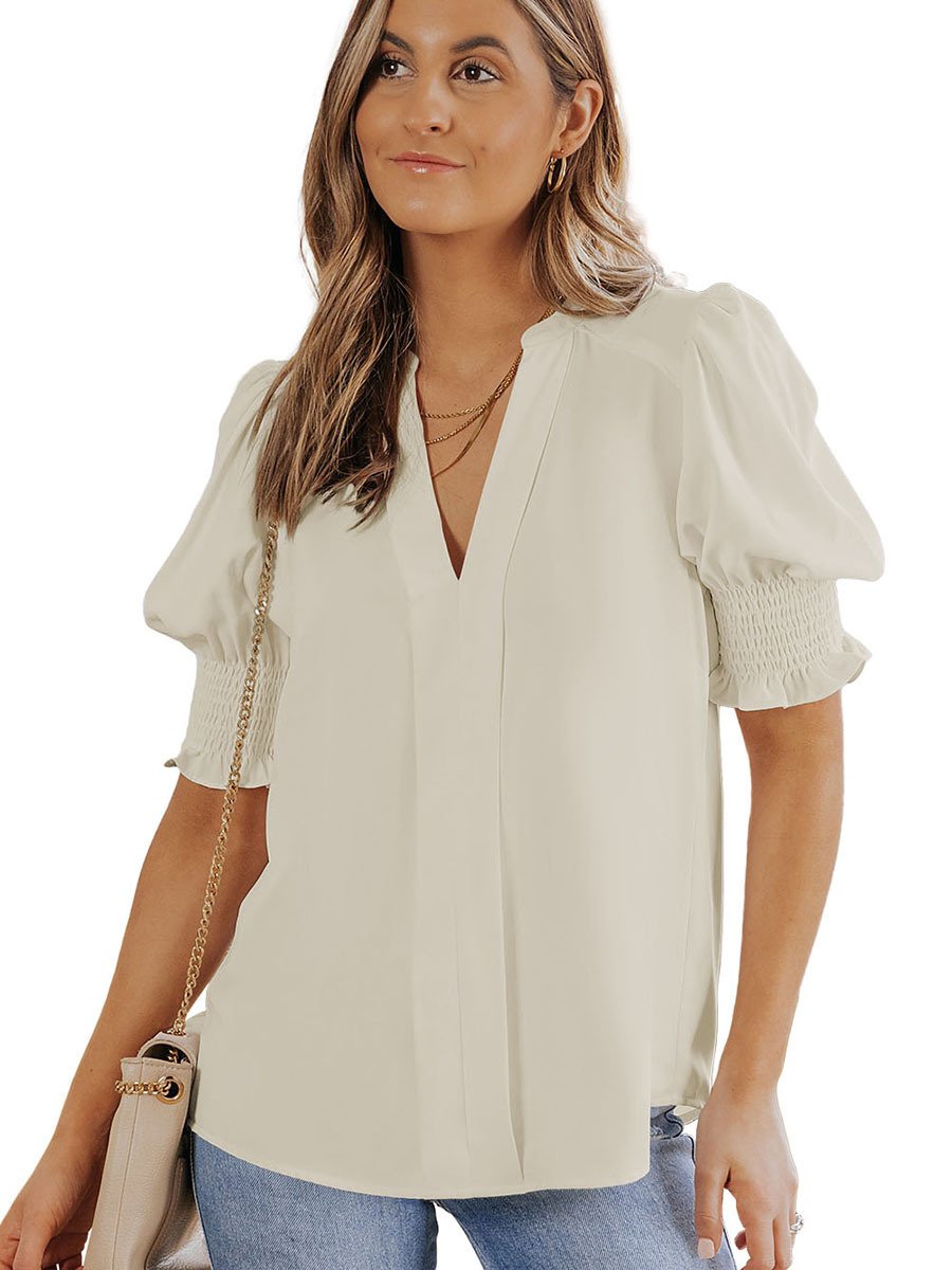 🔥WOMEN'S V NECK DRESSY PUFF RUFFLE BLOUSE CASUAL SHORT SLEEVE TOPS