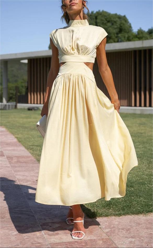 Cutout Waist Pocketed Vacation Midi Dress