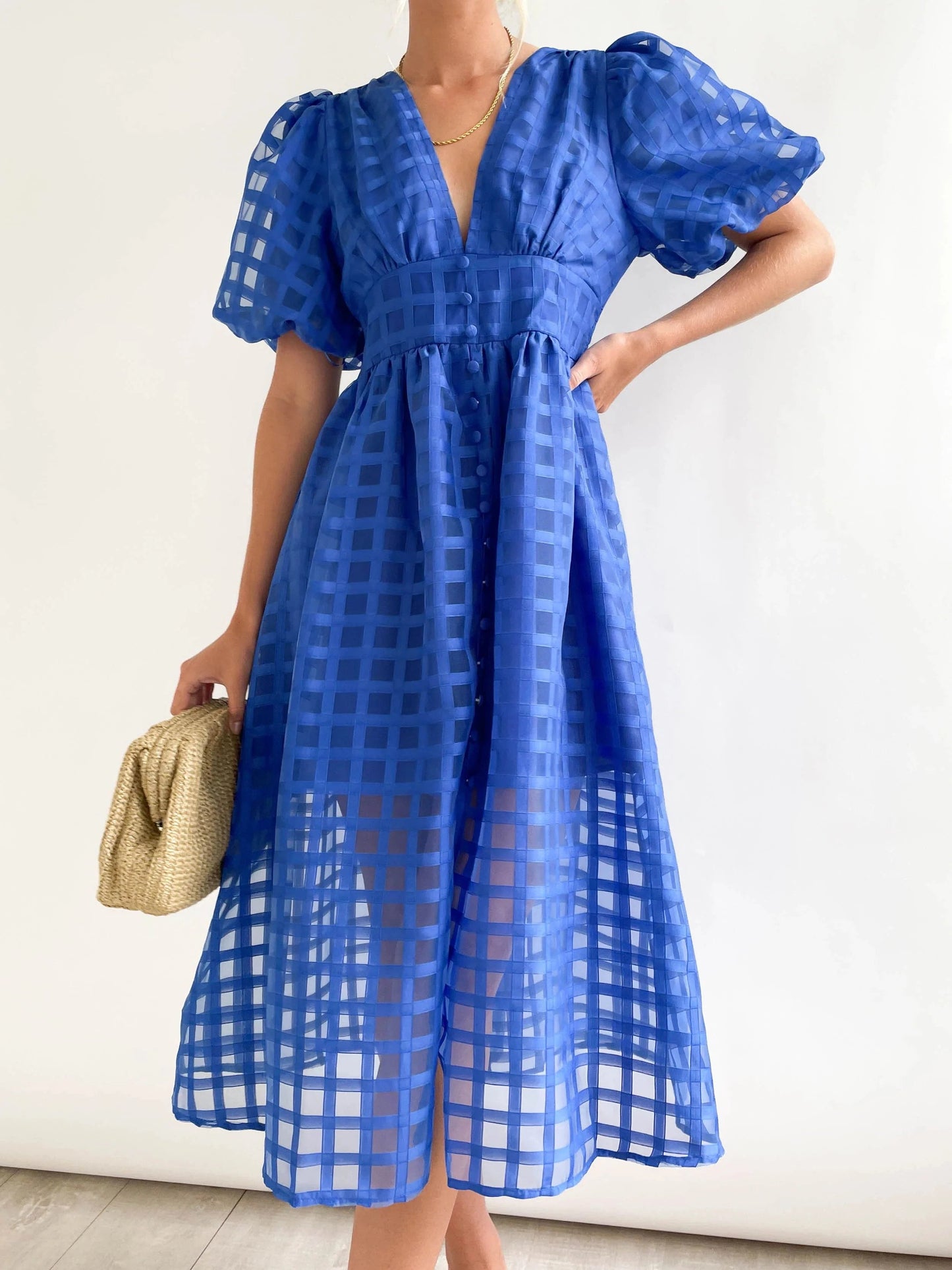 ๐ฅ๐ฅ Beauty Square Patterned Fabric Puff Sleeve Midi Dress