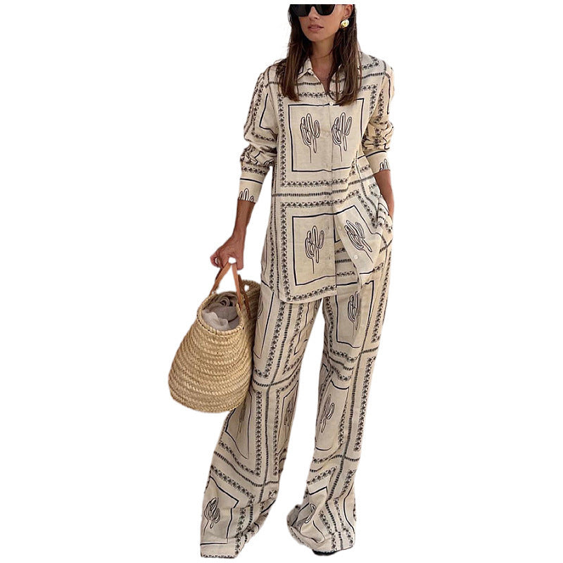 🎁Women's Geometric Print 2-Piece Set - Shirt and Wide Leg Pants