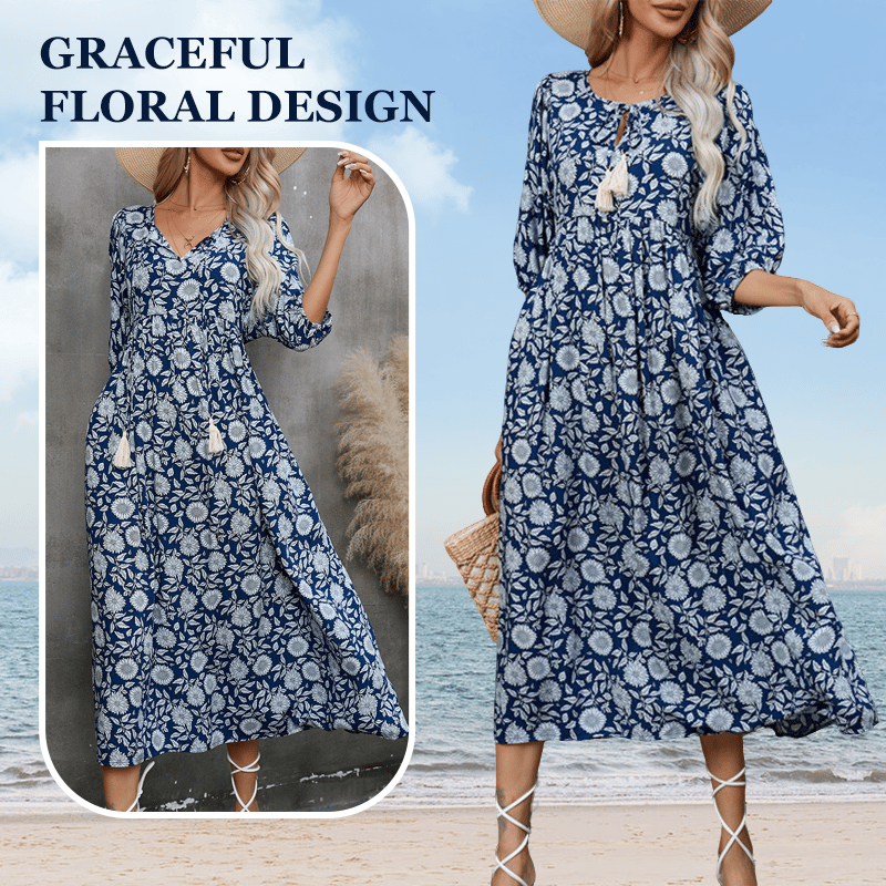 🌸Women's elegant long dress with floral print and V-neck