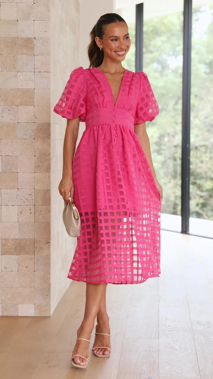 ๐ฅ๐ฅ Beauty Square Patterned Fabric Puff Sleeve Midi Dress