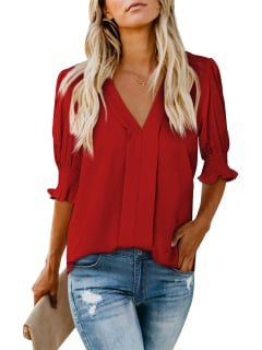 🔥WOMEN'S V NECK DRESSY PUFF RUFFLE BLOUSE CASUAL SHORT SLEEVE TOPS