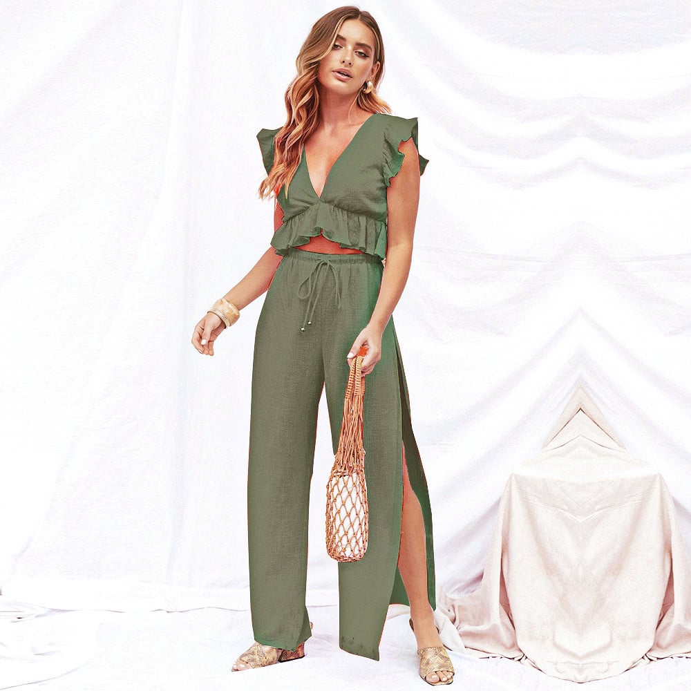 🔥Womens 2 Pieces Outfits Deep V Neck  Side Slit  Wide Leg Pants Set