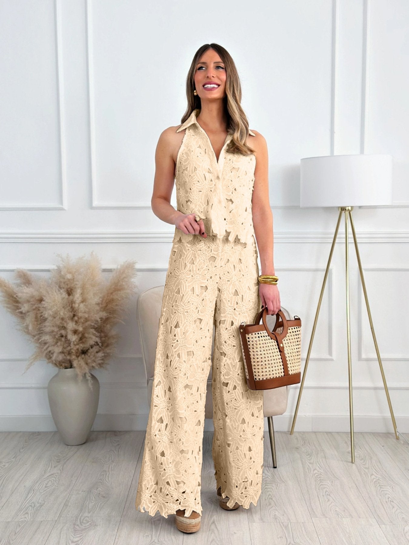 Embroidered Hollow-Out V-Neck Vest and Wide-Leg Straight Trousers Set