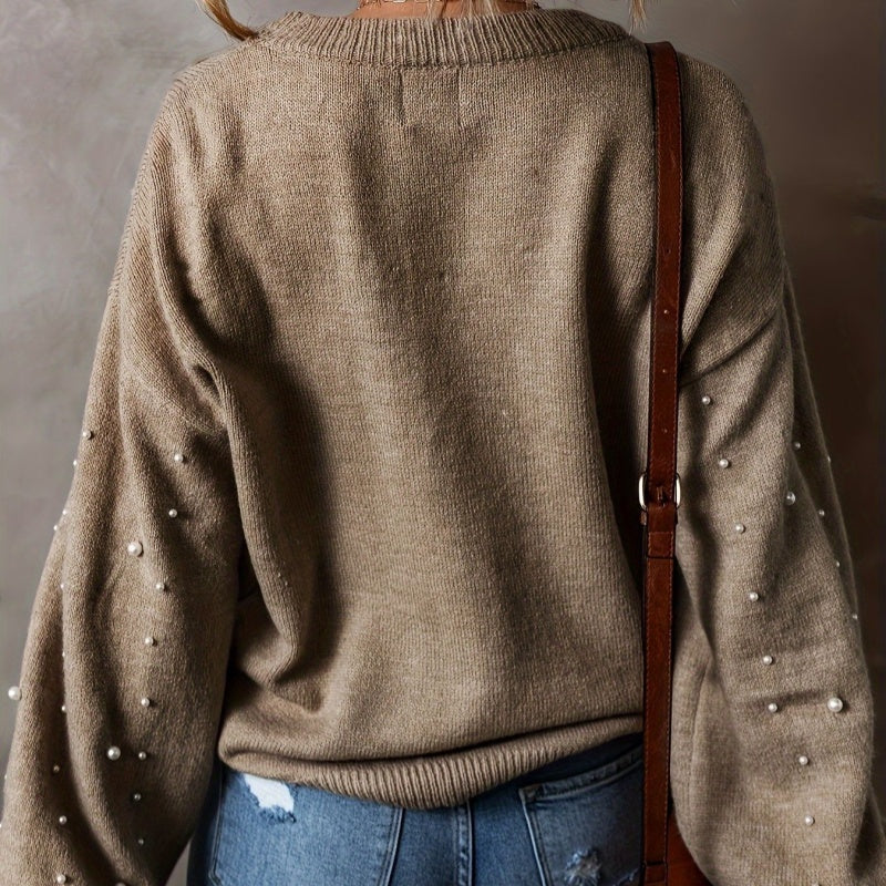 🔥Women's Faux Pearls Round Neck Pullover Sweater
