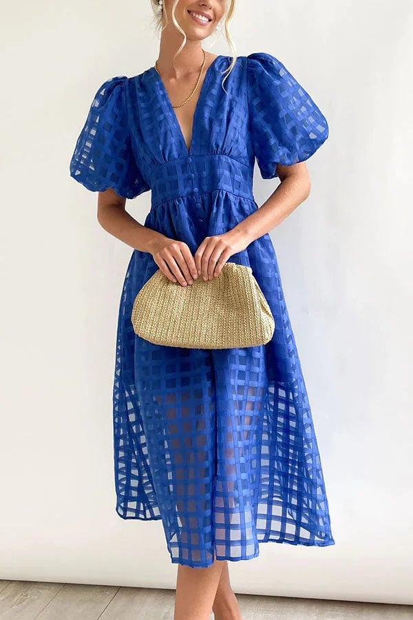 ๐ฅ๐ฅ Beauty Square Patterned Fabric Puff Sleeve Midi Dress