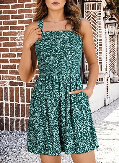 💃Women's Summer Square Neck Sleeveless Loose Casual Short Smocked Romper
