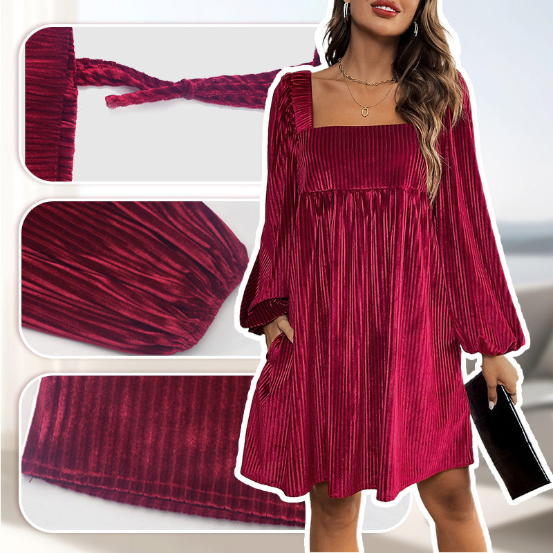 🎄Women's Square Neck Velvet Babydoll Dresses with Tie-Back