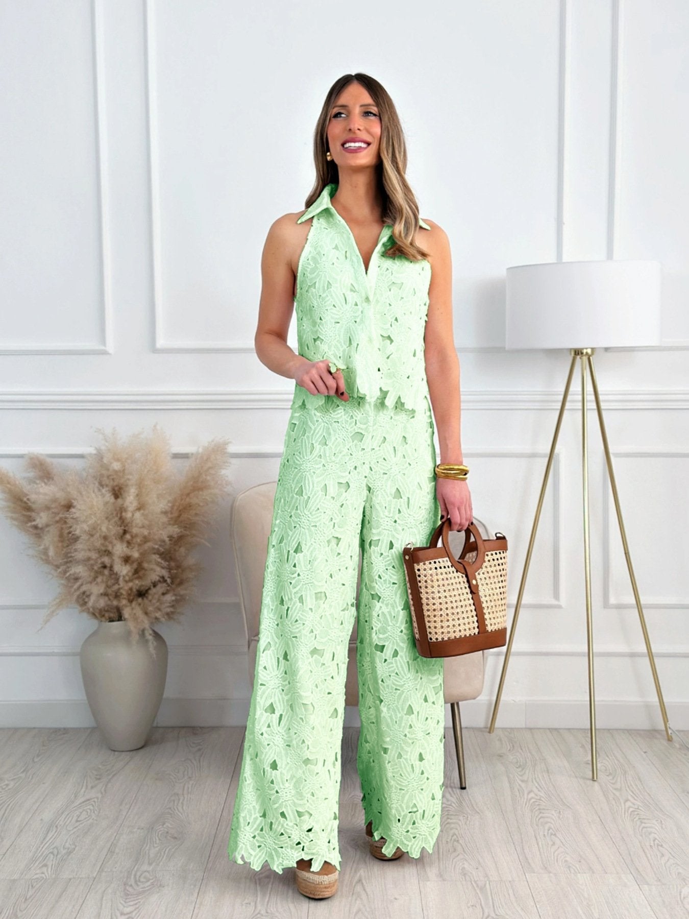 Embroidered Hollow-Out V-Neck Vest and Wide-Leg Straight Trousers Set