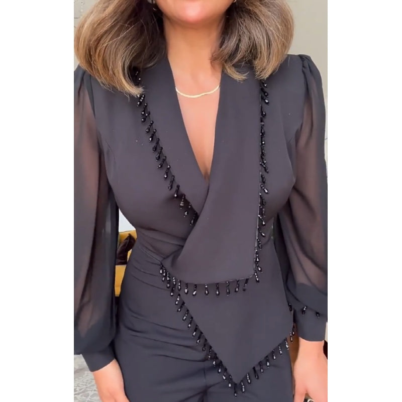 Elegant Black Beaded Wide-Leg Jumpsuit