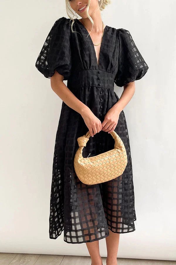 ๐ฅ๐ฅ Beauty Square Patterned Fabric Puff Sleeve Midi Dress