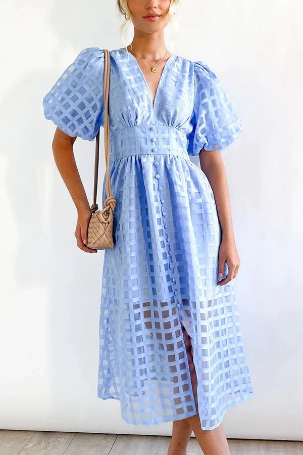 ๐ฅ๐ฅ Beauty Square Patterned Fabric Puff Sleeve Midi Dress