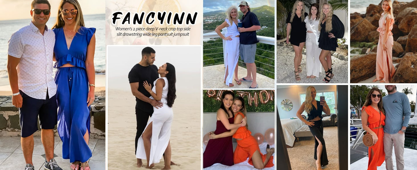 🔥Womens 2 Pieces Outfits Deep V Neck  Side Slit  Wide Leg Pants Set