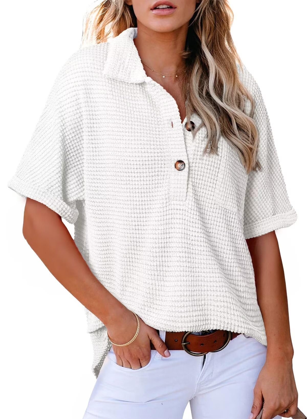 🔥WOMEN'S WAFFLE KNIT SHORT SLEEVE TUNIC HENLEY TOP