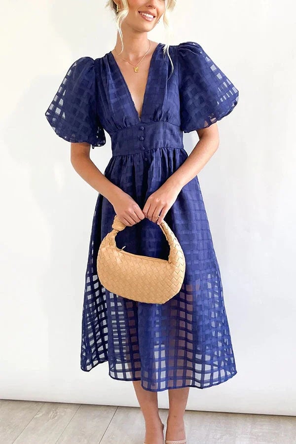 ๐ฅ๐ฅ Beauty Square Patterned Fabric Puff Sleeve Midi Dress