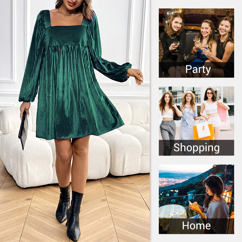 🎄Women's Square Neck Velvet Babydoll Dresses with Tie-Back