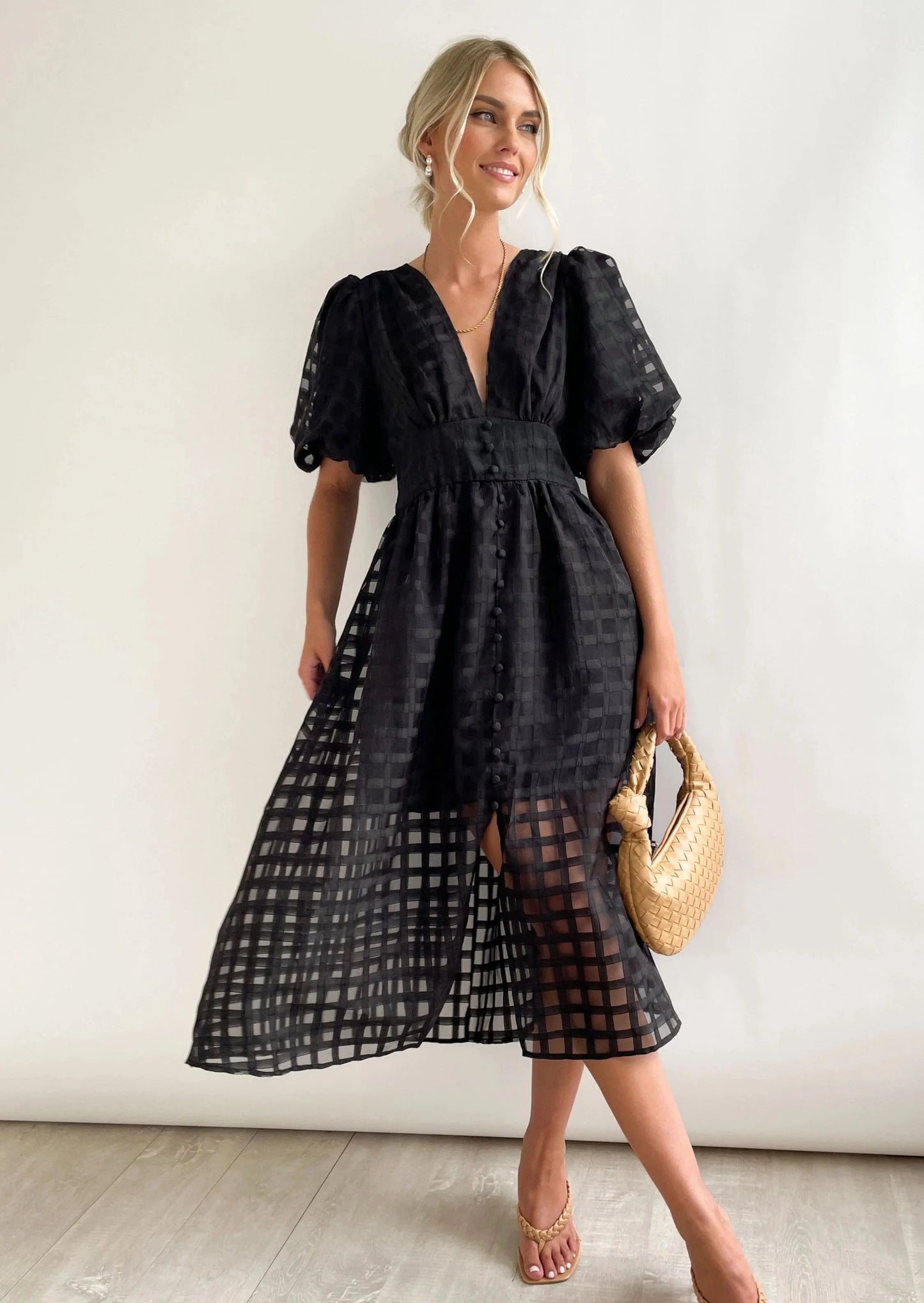 ๐ฅ๐ฅ Beauty Square Patterned Fabric Puff Sleeve Midi Dress