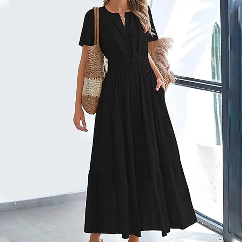 🌷Women's Casual Spring Short Sleeve V Neck Maxi Dress