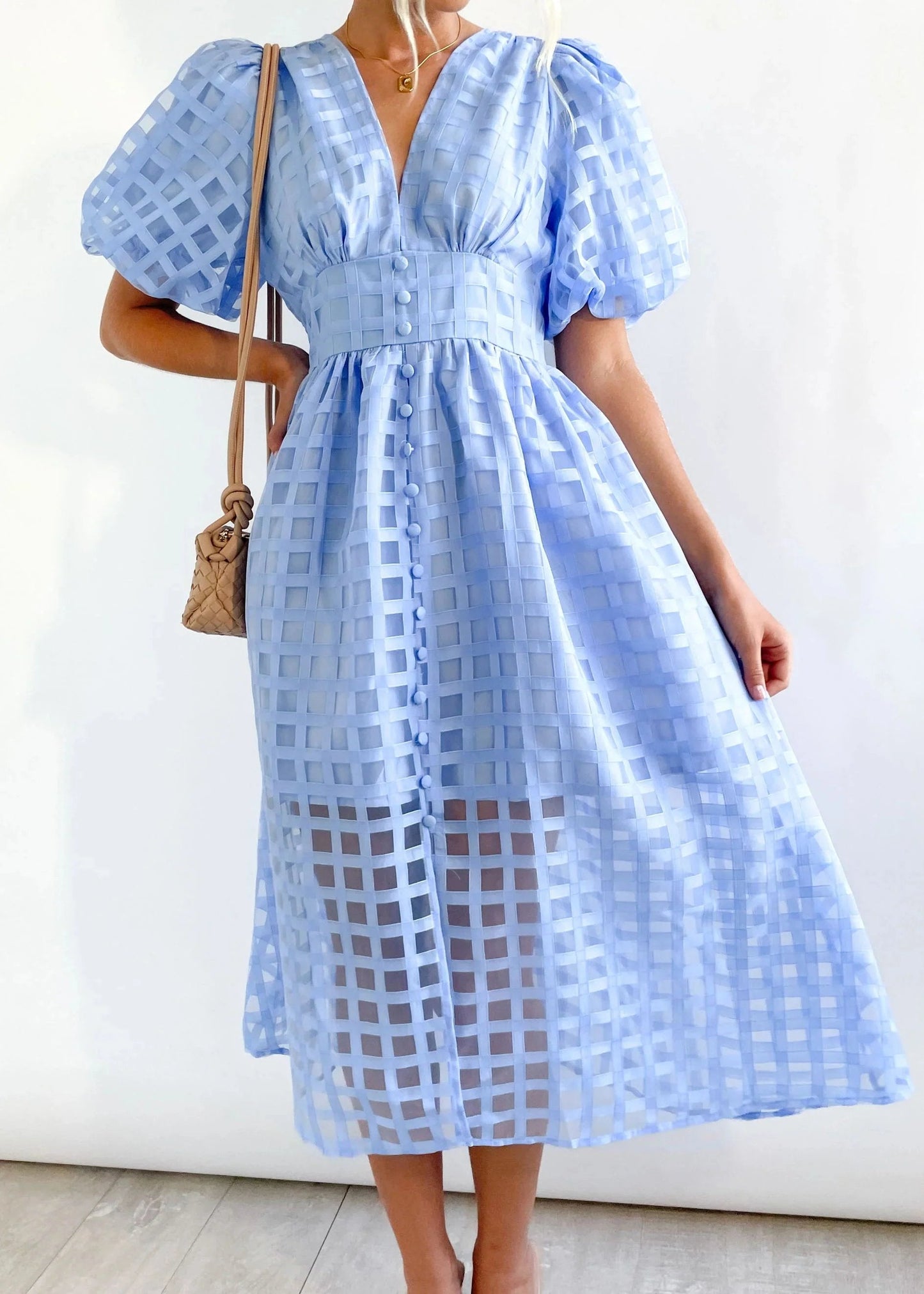 ๐ฅ๐ฅ Beauty Square Patterned Fabric Puff Sleeve Midi Dress