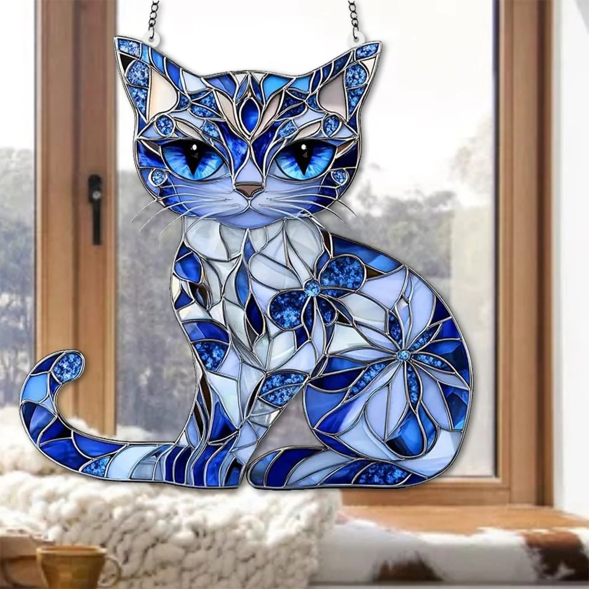 Blue & White Cat Suncatcher Ornament🐱