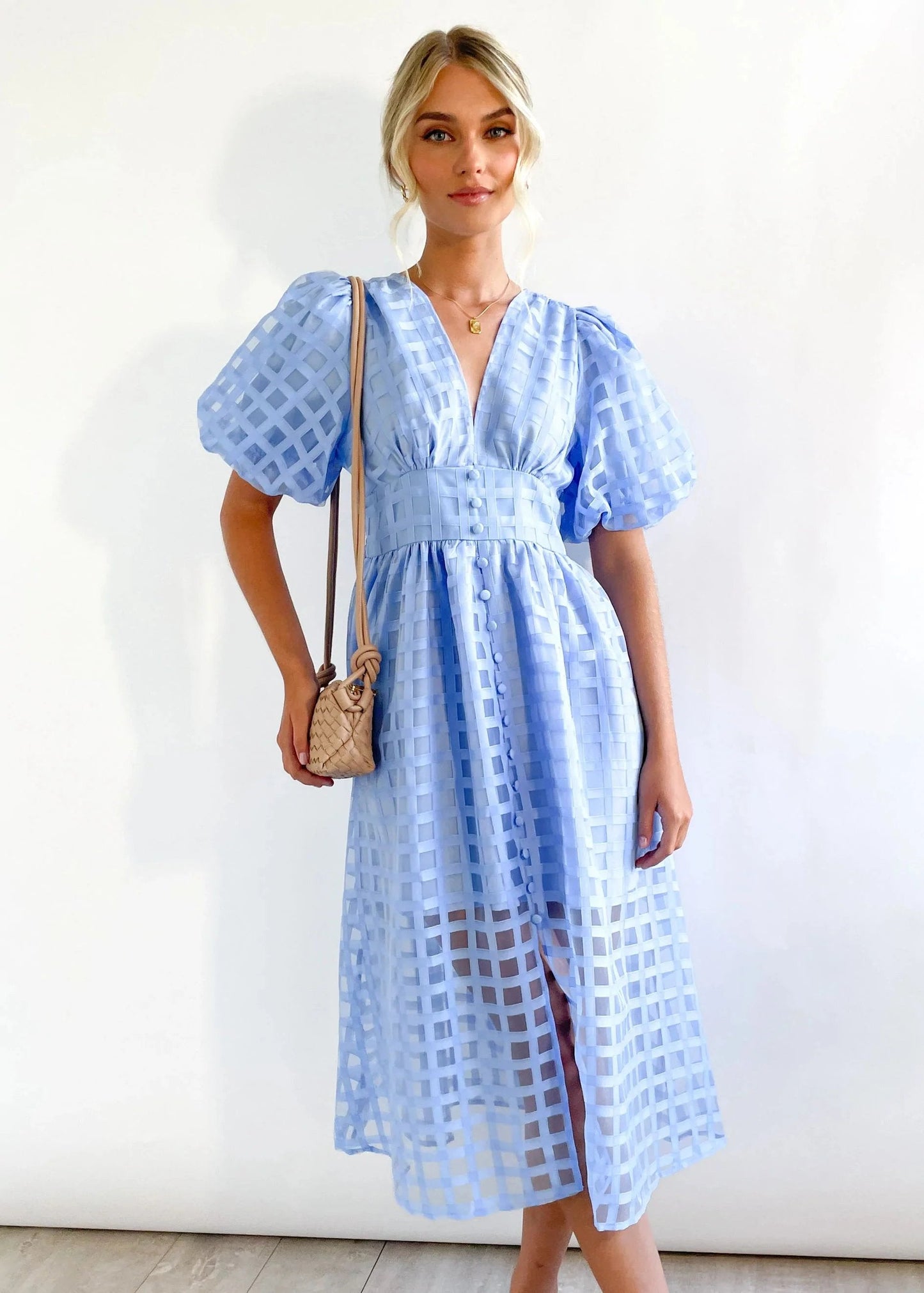 ๐ฅ๐ฅ Beauty Square Patterned Fabric Puff Sleeve Midi Dress