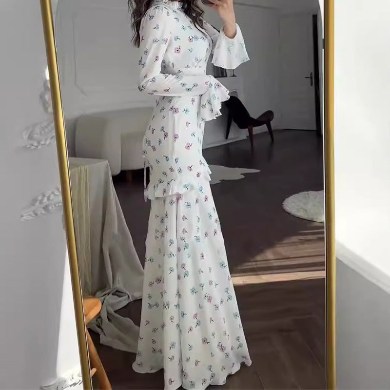 Elegant Floral Print Ruffled Slim Fit Dress
