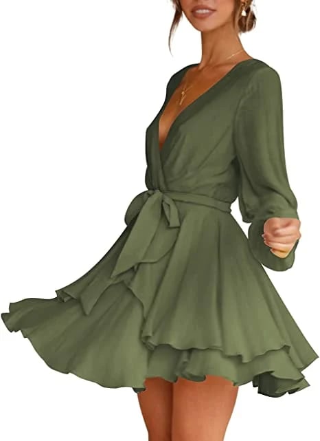 š„V-Neck Waist Tie Ruffle Mini Swing Skater Dressesā¤ļø