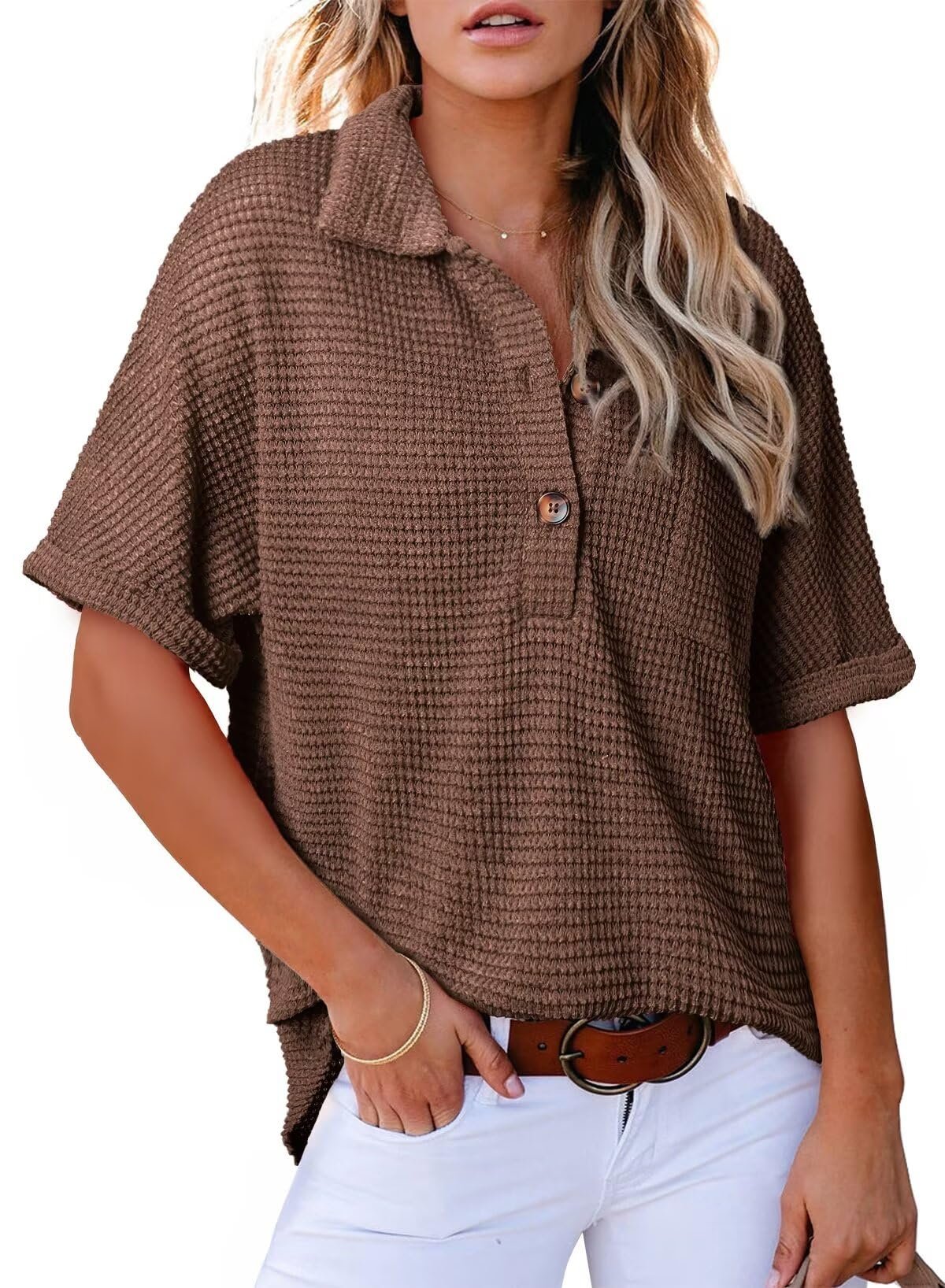 🔥WOMEN'S WAFFLE KNIT SHORT SLEEVE TUNIC HENLEY TOP