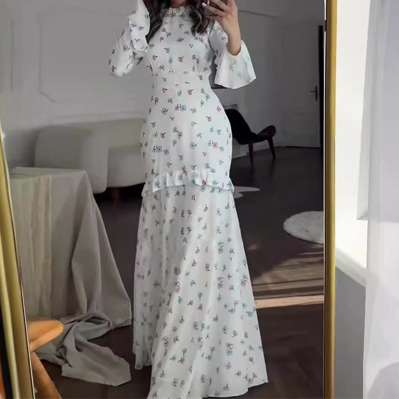 Elegant Floral Print Ruffled Slim Fit Dress