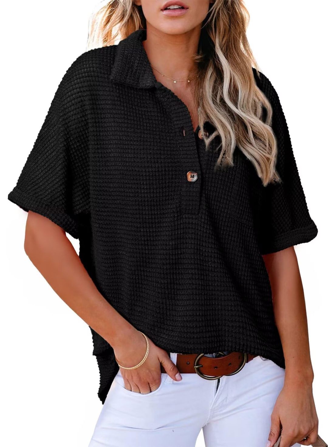 🔥WOMEN'S WAFFLE KNIT SHORT SLEEVE TUNIC HENLEY TOP