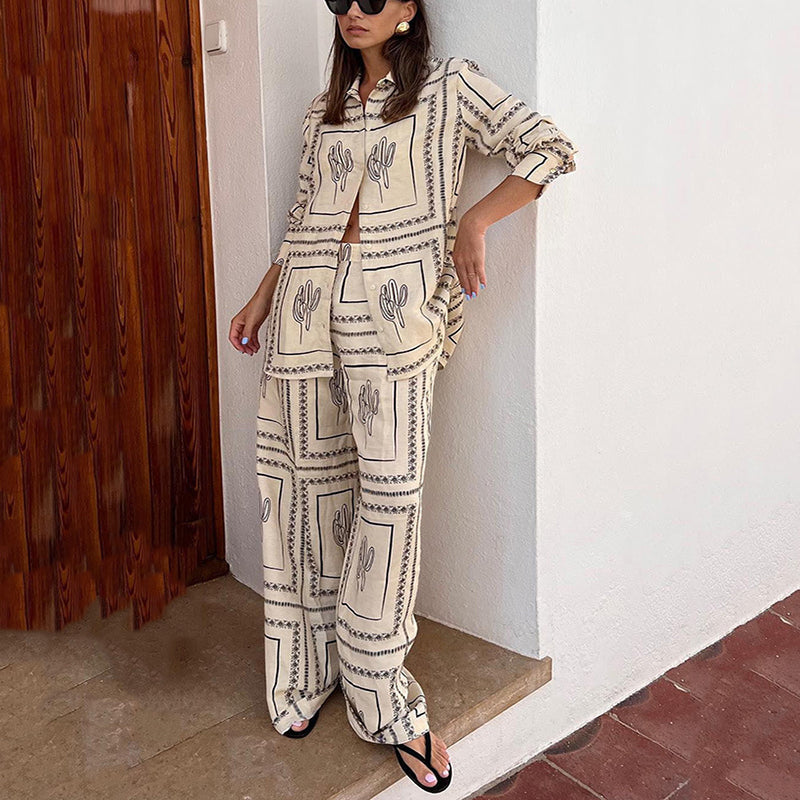 🎁Women's Geometric Print 2-Piece Set - Shirt and Wide Leg Pants