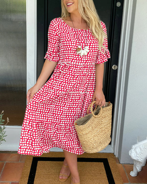 🎁💥Round Neck Polka Dot Print Midi Dress