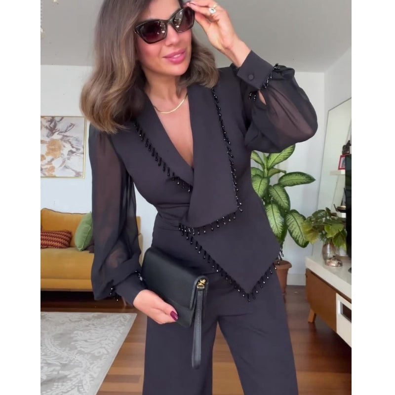 Elegant Black Beaded Wide-Leg Jumpsuit