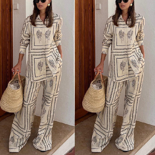 🎁Women's Geometric Print 2-Piece Set - Shirt and Wide Leg Pants