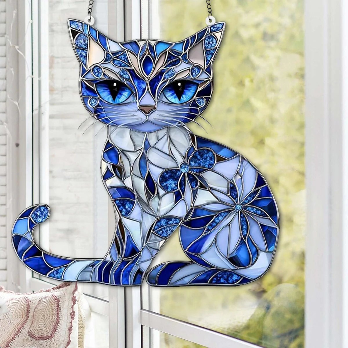 Blue & White Cat Suncatcher Ornament🐱