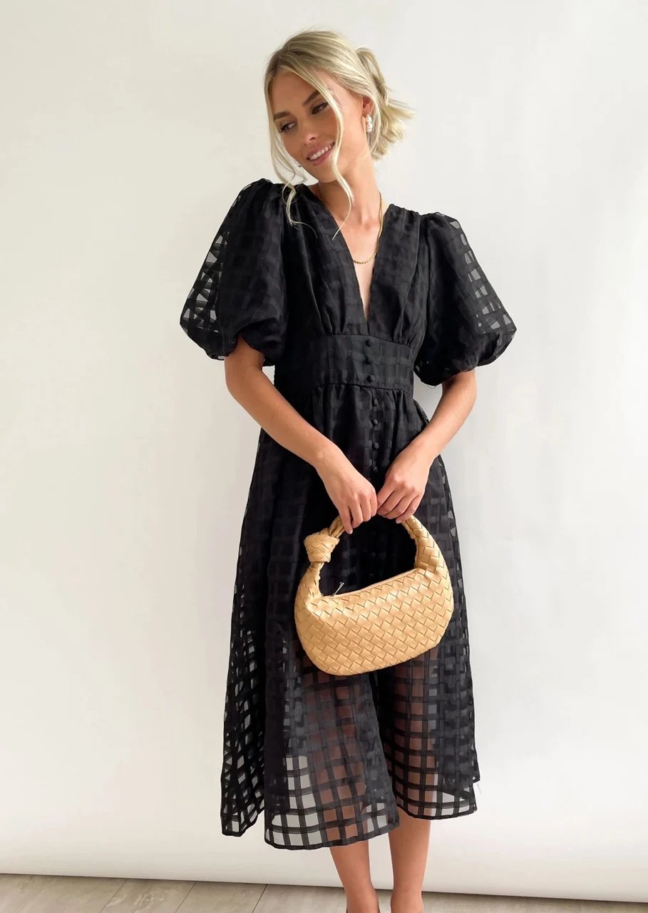 ๐ฅ๐ฅ Beauty Square Patterned Fabric Puff Sleeve Midi Dress