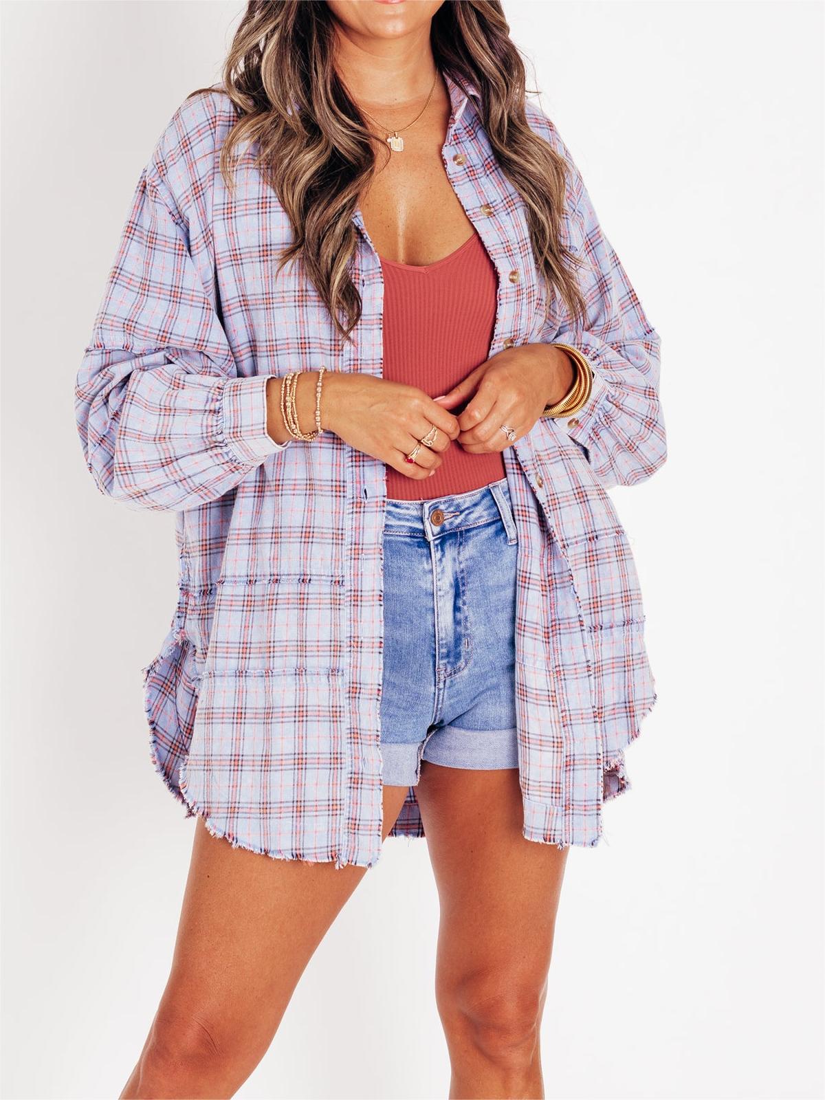 🔥Women's Seams Raw Edge Washed Oversized Shirt Jacket with Pockets