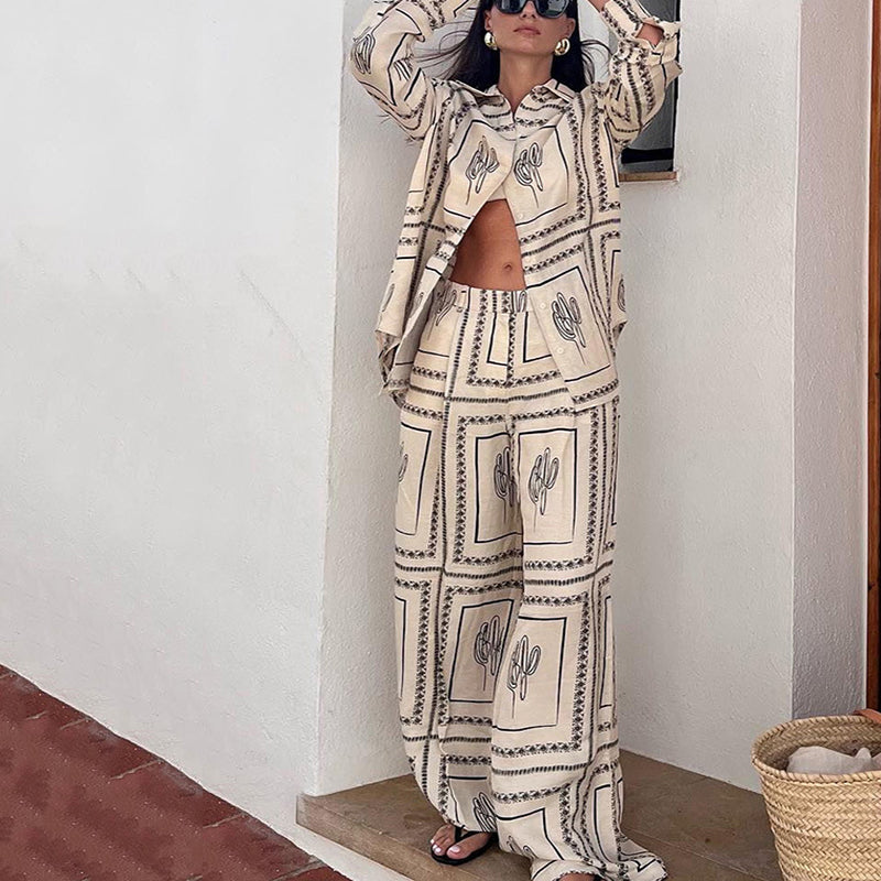 🎁Women's Geometric Print 2-Piece Set - Shirt and Wide Leg Pants